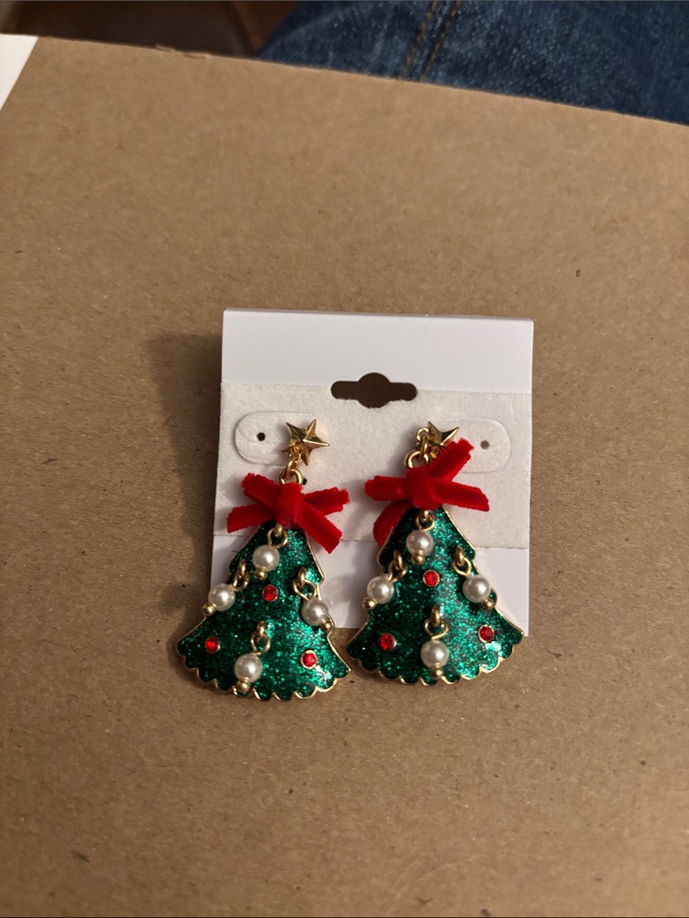 Festive Christmas Tree Earrings with Velvet Red Bows. 1 3/4”